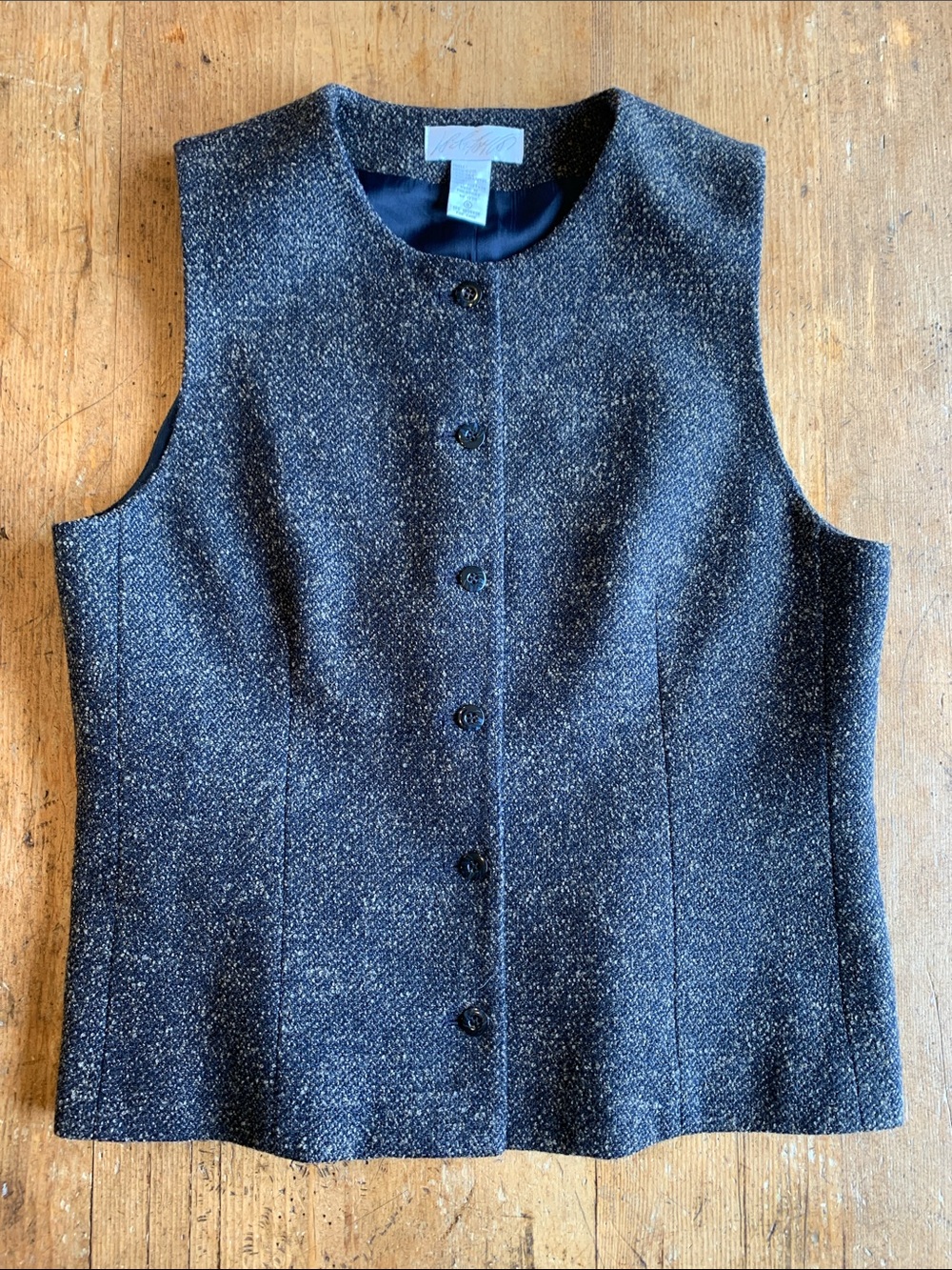 Lord & Taylor Black Speckled Tweed Wool Blend Button-Front Sleeveless Vest